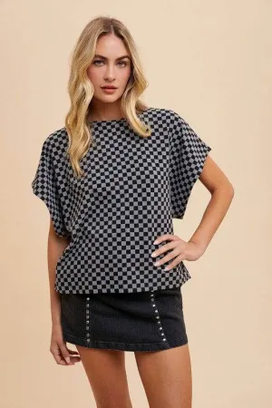 Annie Wear Checkered Round Neck Short Sleeve T-Shirt In Black
