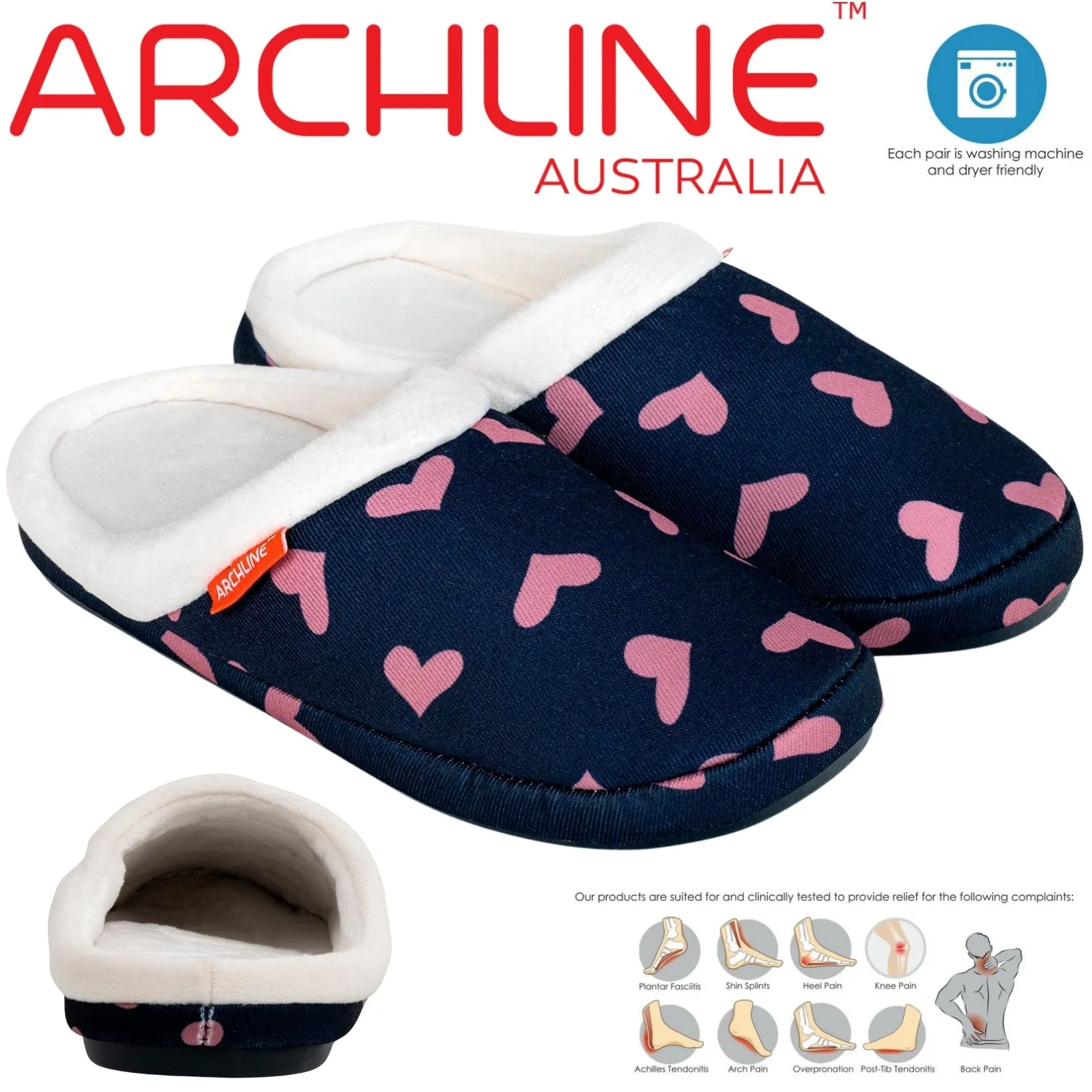 ARCHLINE Orthotic Slippers Slip On Scuffs Pain Relief Moccasins - Navy with Hearts - EUR 36 (Womens US 5)