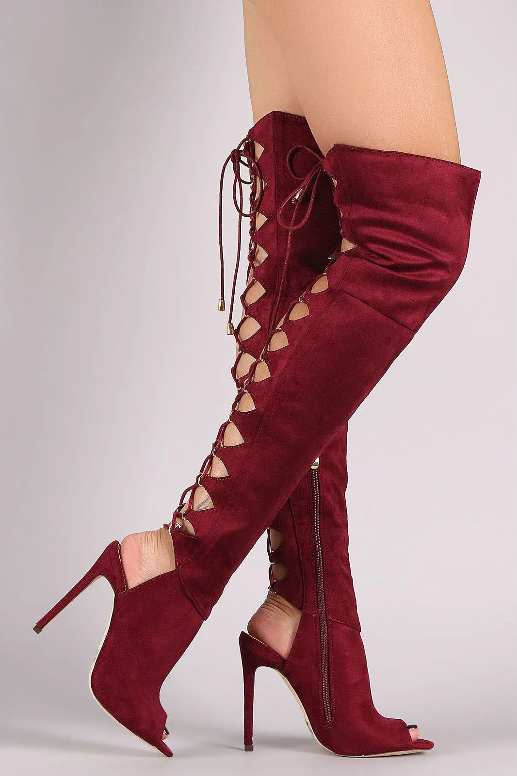 Back Lace Up Cut Out Peep Toe Over-knee Long Boot Sandals