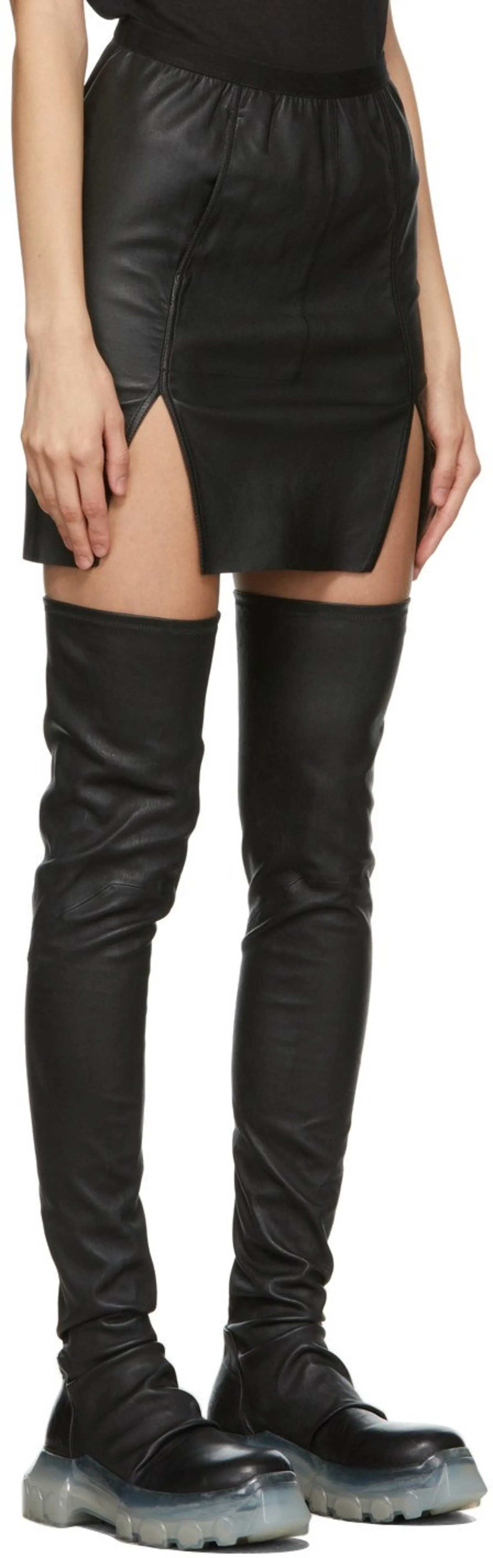 Black real leather outfit mini skirt with side slit