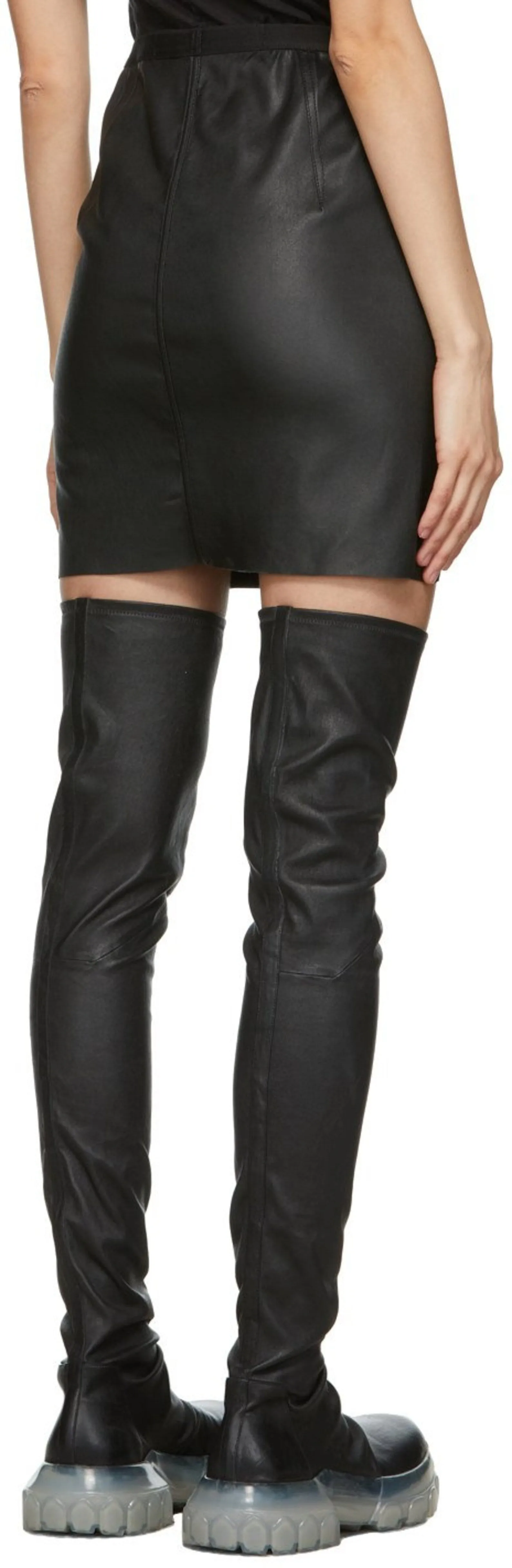 Black real leather outfit mini skirt with side slit