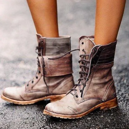 Chicvane New Retro British Stylish Lace Up Round Toe Chunky Heel Ankle Boots