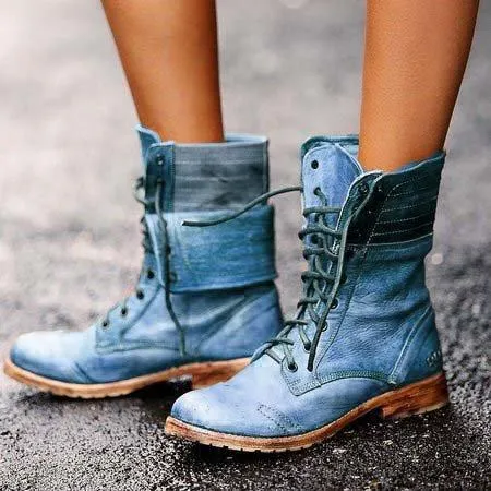 Chicvane New Retro British Stylish Lace Up Round Toe Chunky Heel Ankle Boots
