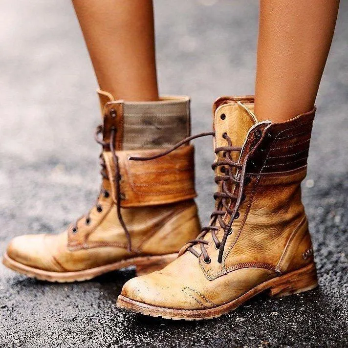 Chicvane New Retro British Stylish Lace Up Round Toe Chunky Heel Ankle Boots