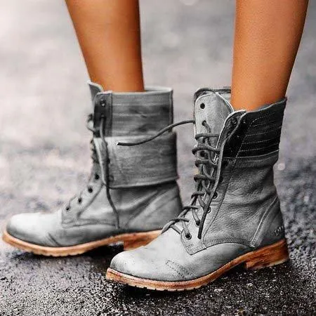 Chicvane New Retro British Stylish Lace Up Round Toe Chunky Heel Ankle Boots