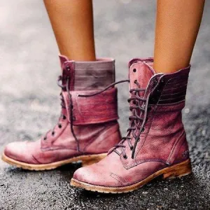 Chicvane New Retro British Stylish Lace Up Round Toe Chunky Heel Ankle Boots