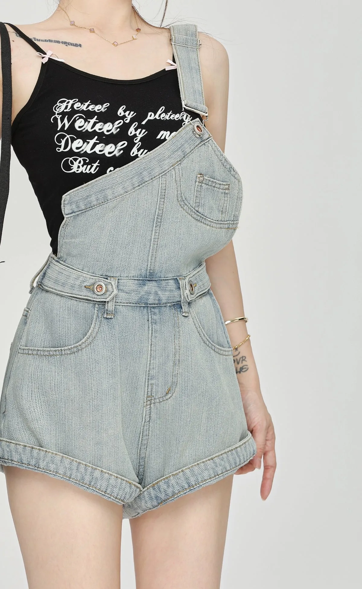 Denim Overalls Romper with Front Pockets