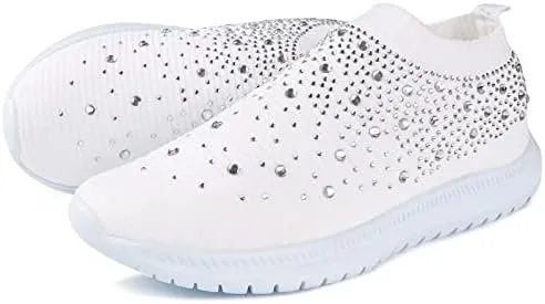 Dimleen Womens Rhinestones Glitter Fashion Mesh Walking Shoe Breathable Slip-on Loafers Non-Slip Orthopedic Arch Support Sock Sneaker (White,10,Women,10)