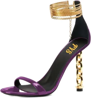 FYS Women's Sexy Open Toe Single Strap Heeled Sandals Gold Chain Special High Heels Ankle Wrap Party Club Night Dress Prom Shoes Size 4-16 US