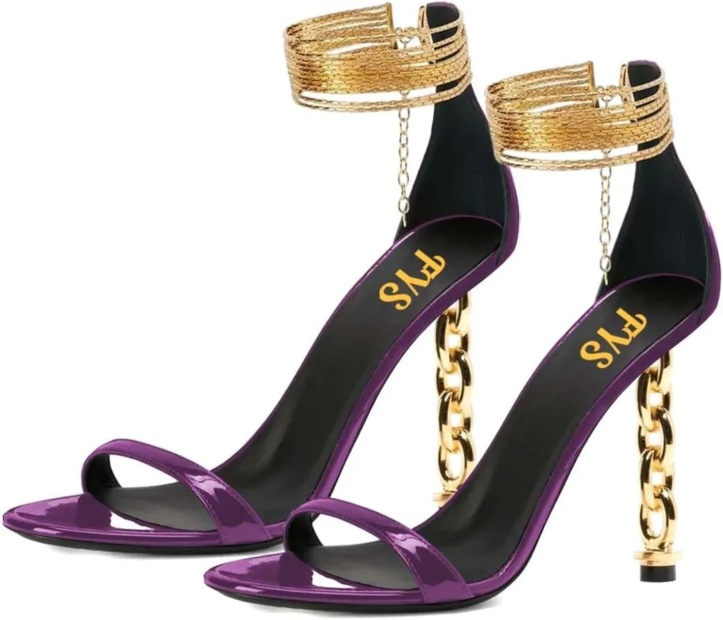 FYS Women's Sexy Open Toe Single Strap Heeled Sandals Gold Chain Special High Heels Ankle Wrap Party Club Night Dress Prom Shoes Size 4-16 US