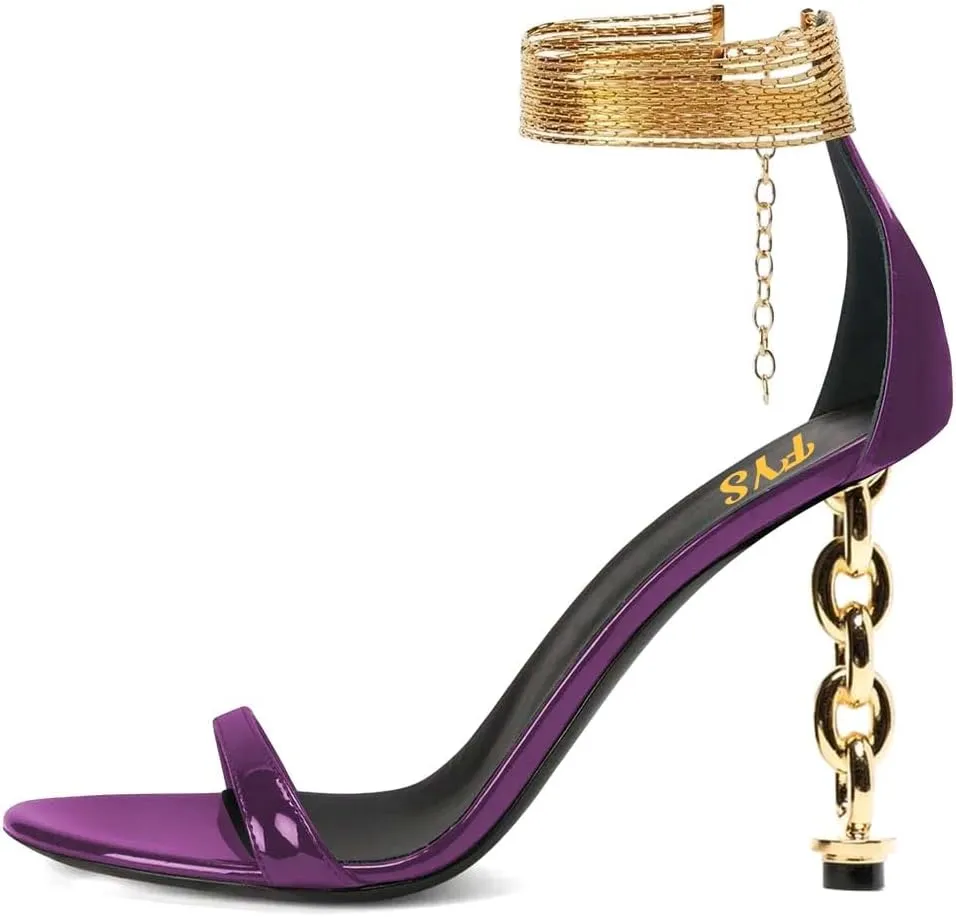 FYS Women's Sexy Open Toe Single Strap Heeled Sandals Gold Chain Special High Heels Ankle Wrap Party Club Night Dress Prom Shoes Size 4-16 US