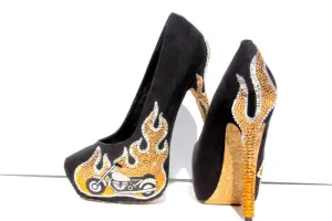 Gold Flame Motorcycle Crystal Heels