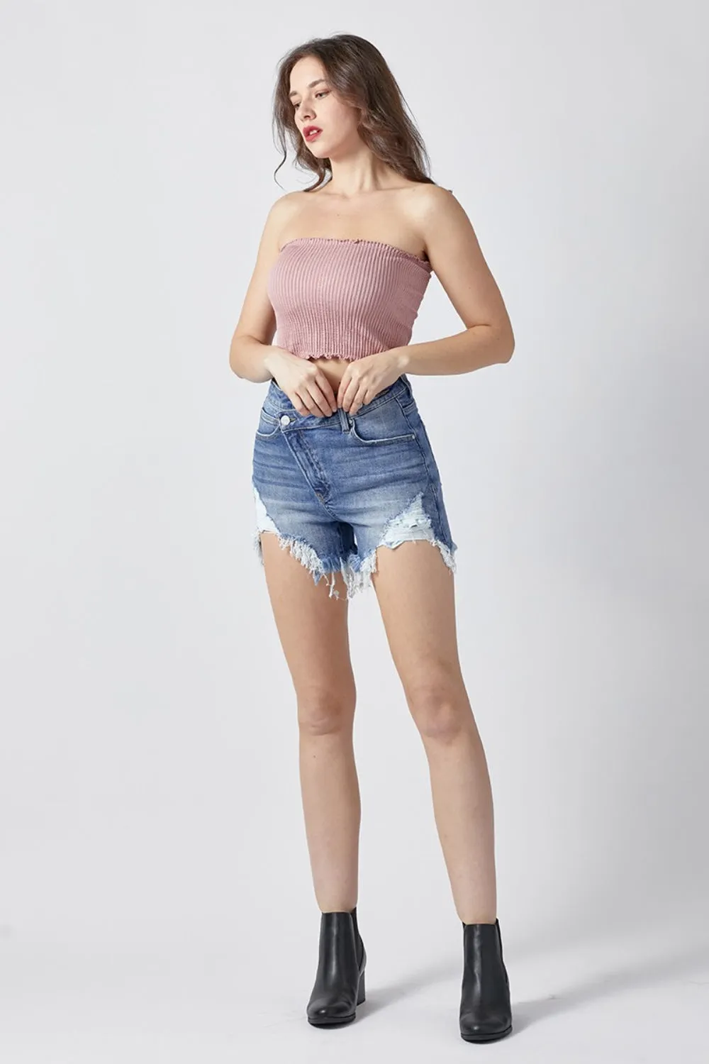 Leilani -  Asymmetrical Waist Denim Shorts - Exclusively Online
