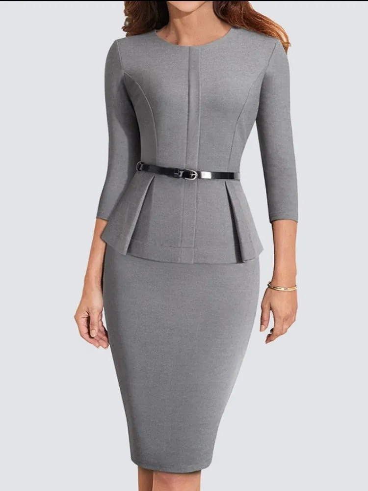 New Arrival Autumn Formal Peplum Office Lady Dress Elegant Sheath Bodycon Work Business Pencil Dress
