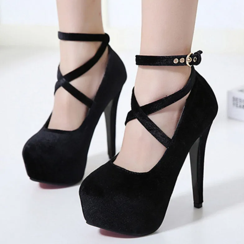 Platform Round Toe Straps Cross Ankle Wrap Stiletto High Heels