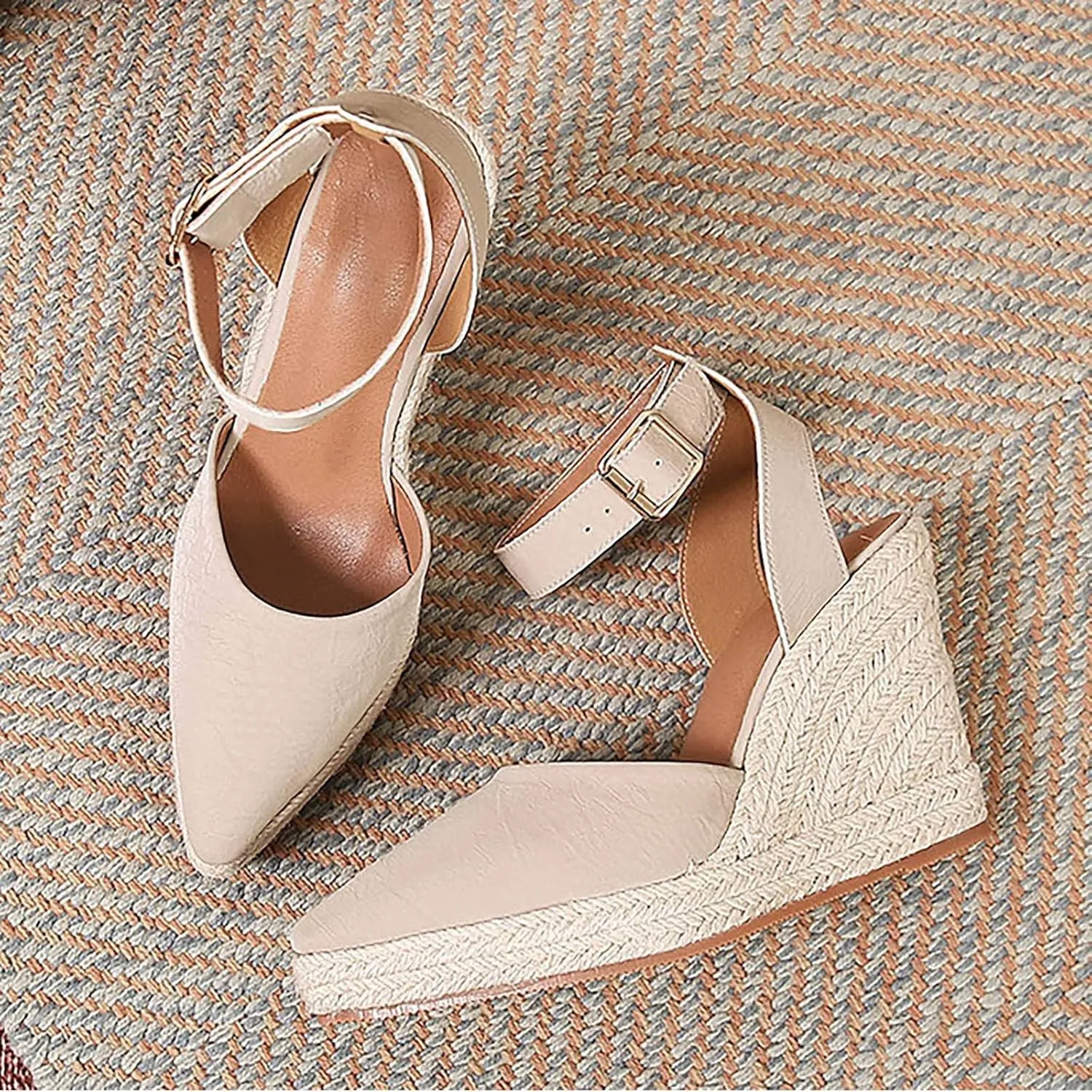 Platform Sandals Women Wedge Beach Sandals Pointed Straw Woven Rope Sandal Tooled Leather Sandal for Women