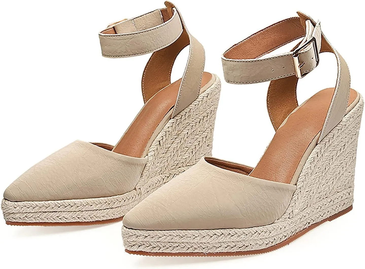 Platform Sandals Women Wedge Beach Sandals Pointed Straw Woven Rope Sandal Tooled Leather Sandal for Women
