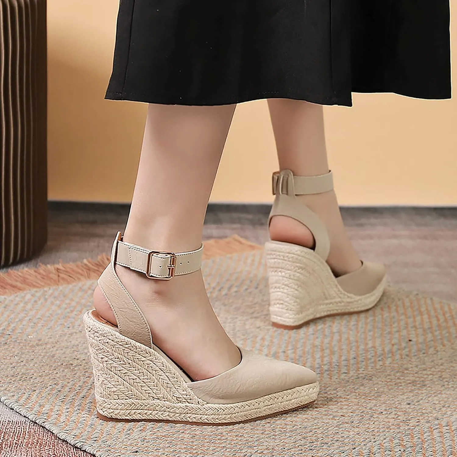 Platform Sandals Women Wedge Beach Sandals Pointed Straw Woven Rope Sandal Tooled Leather Sandal for Women