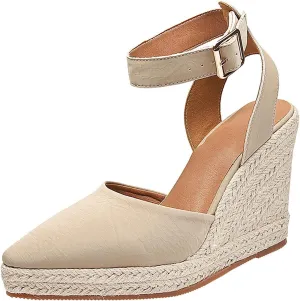 Platform Sandals Women Wedge Beach Sandals Pointed Straw Woven Rope Sandal Tooled Leather Sandal for Women
