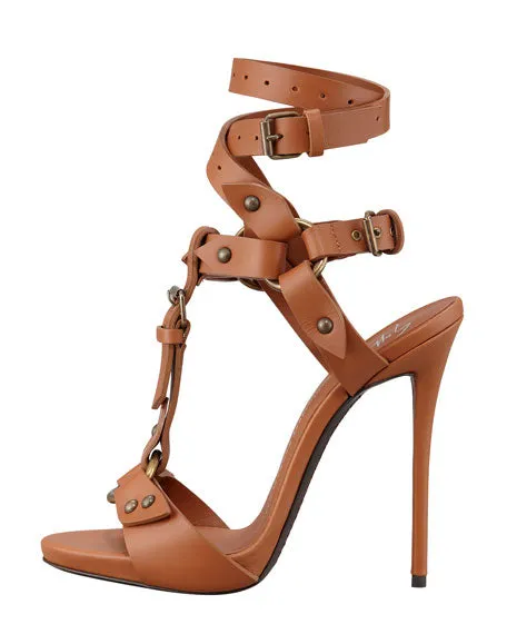Rivets Open Toe Ankle Wrap Straps Stiletto High Heel Brown Sandals