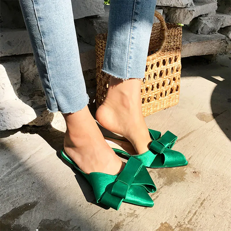 Silk Pointed Bow Tie Slippers
