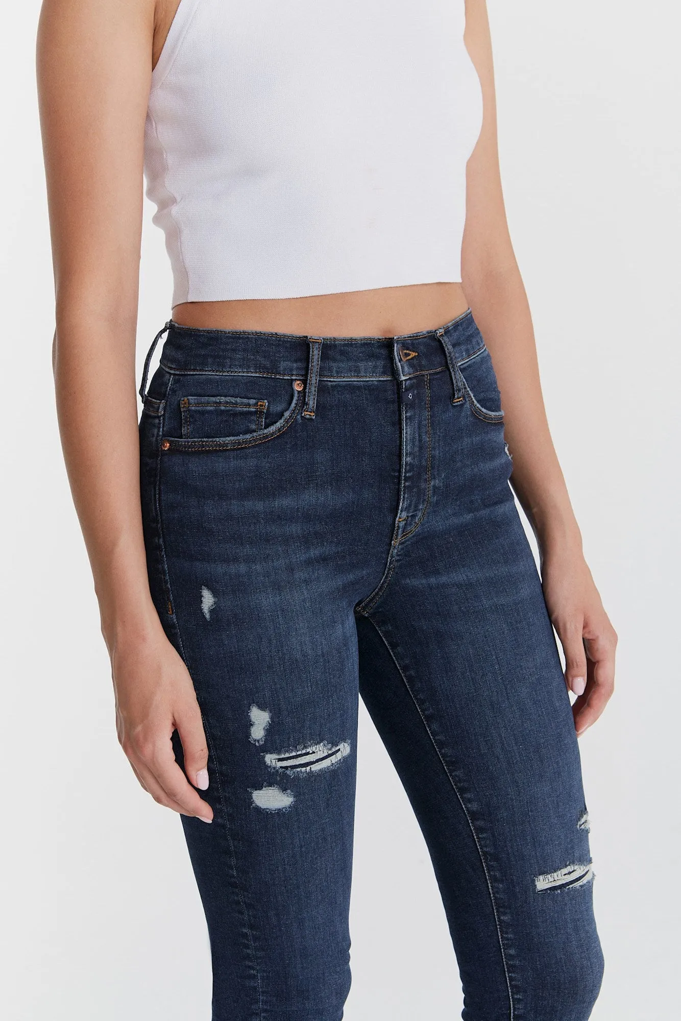 Sophia - High Waist Super Skinny - Dark Blue Destroyed