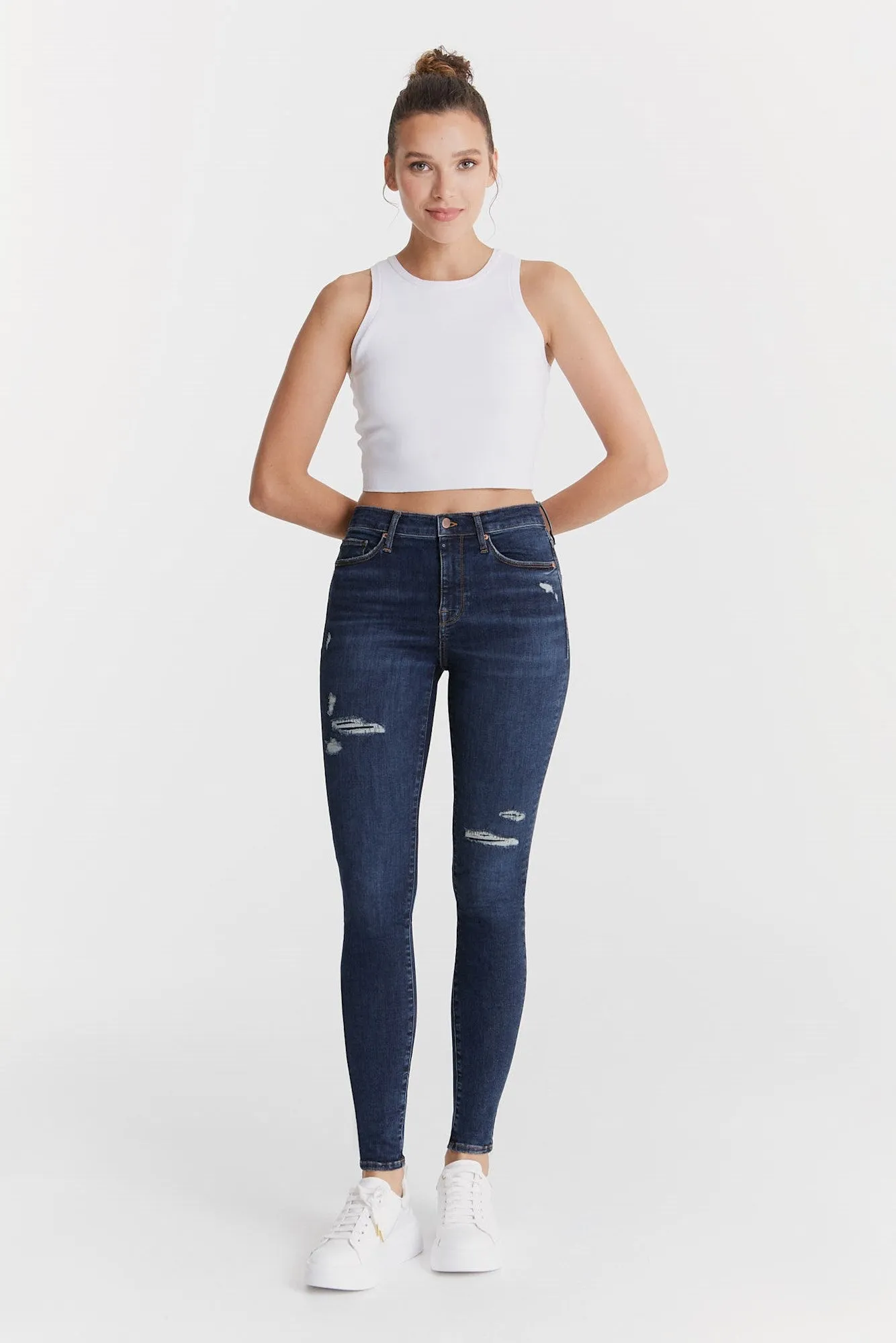 Sophia - High Waist Super Skinny - Dark Blue Destroyed