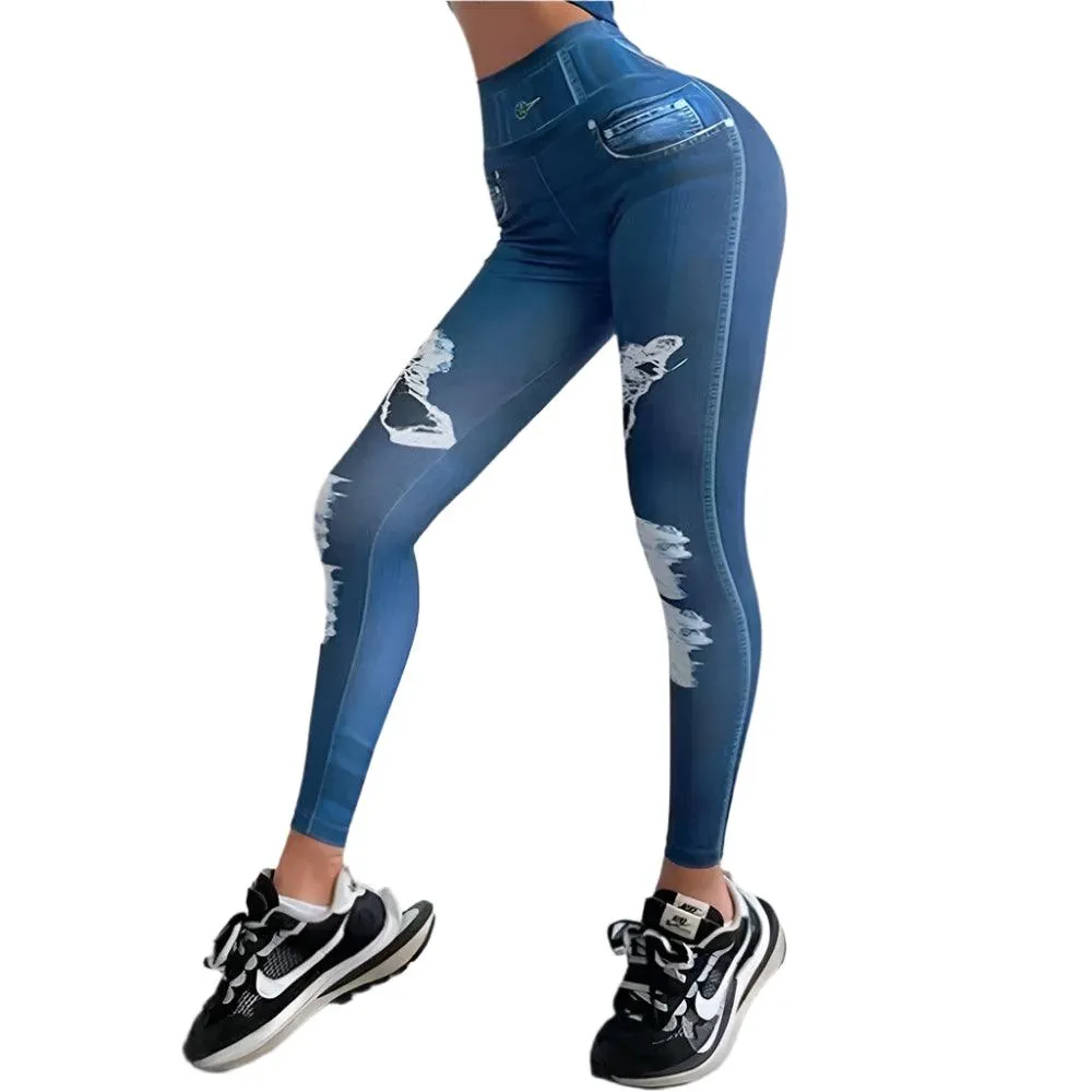 Zipper Denim Print High-Waist Push-Up Leggings – Stylish & Sporty Workout Tights