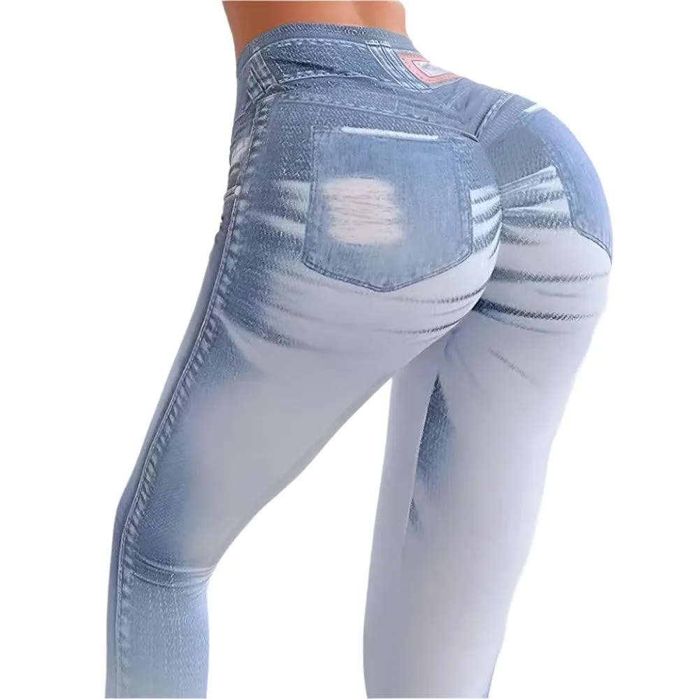 Zipper Denim Print High-Waist Push-Up Leggings – Stylish & Sporty Workout Tights