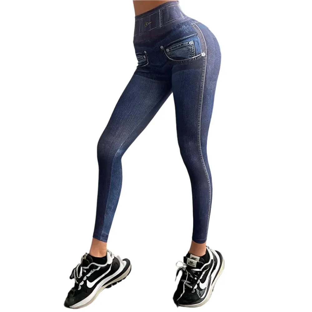 Zipper Denim Print High-Waist Push-Up Leggings – Stylish & Sporty Workout Tights