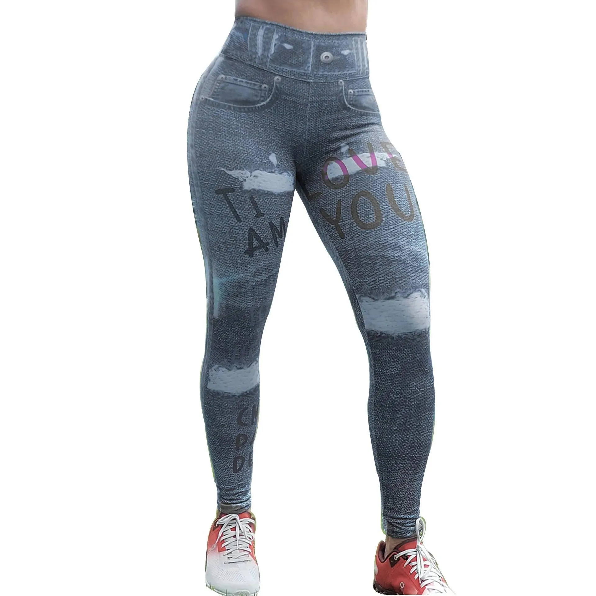 Zipper Denim Print High-Waist Push-Up Leggings – Stylish & Sporty Workout Tights