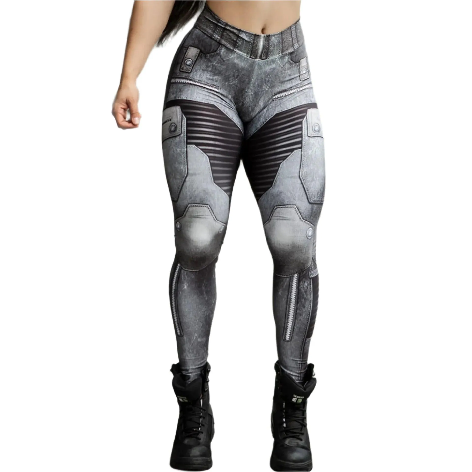 Zipper Denim Print High-Waist Push-Up Leggings – Stylish & Sporty Workout Tights