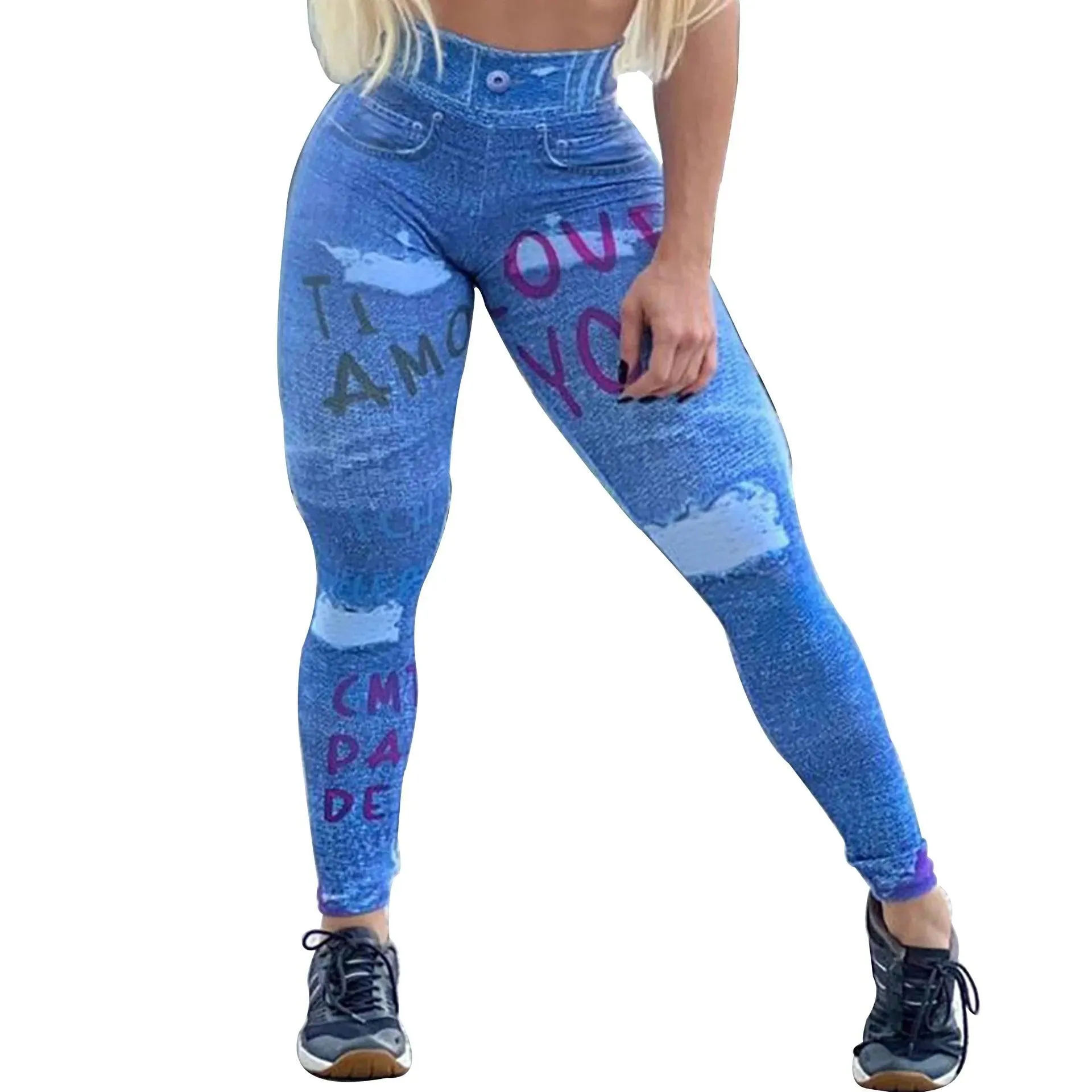 Zipper Denim Print High-Waist Push-Up Leggings – Stylish & Sporty Workout Tights