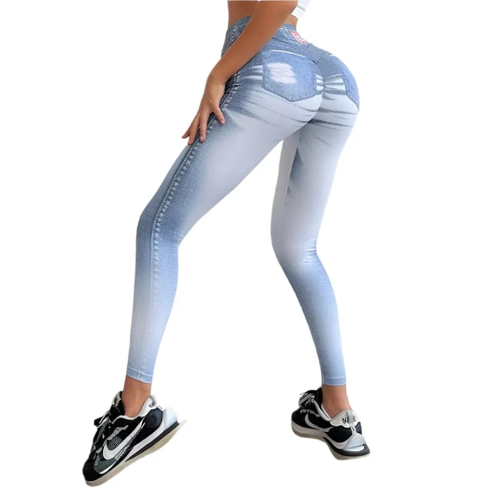 Zipper Denim Print High-Waist Push-Up Leggings – Stylish & Sporty Workout Tights