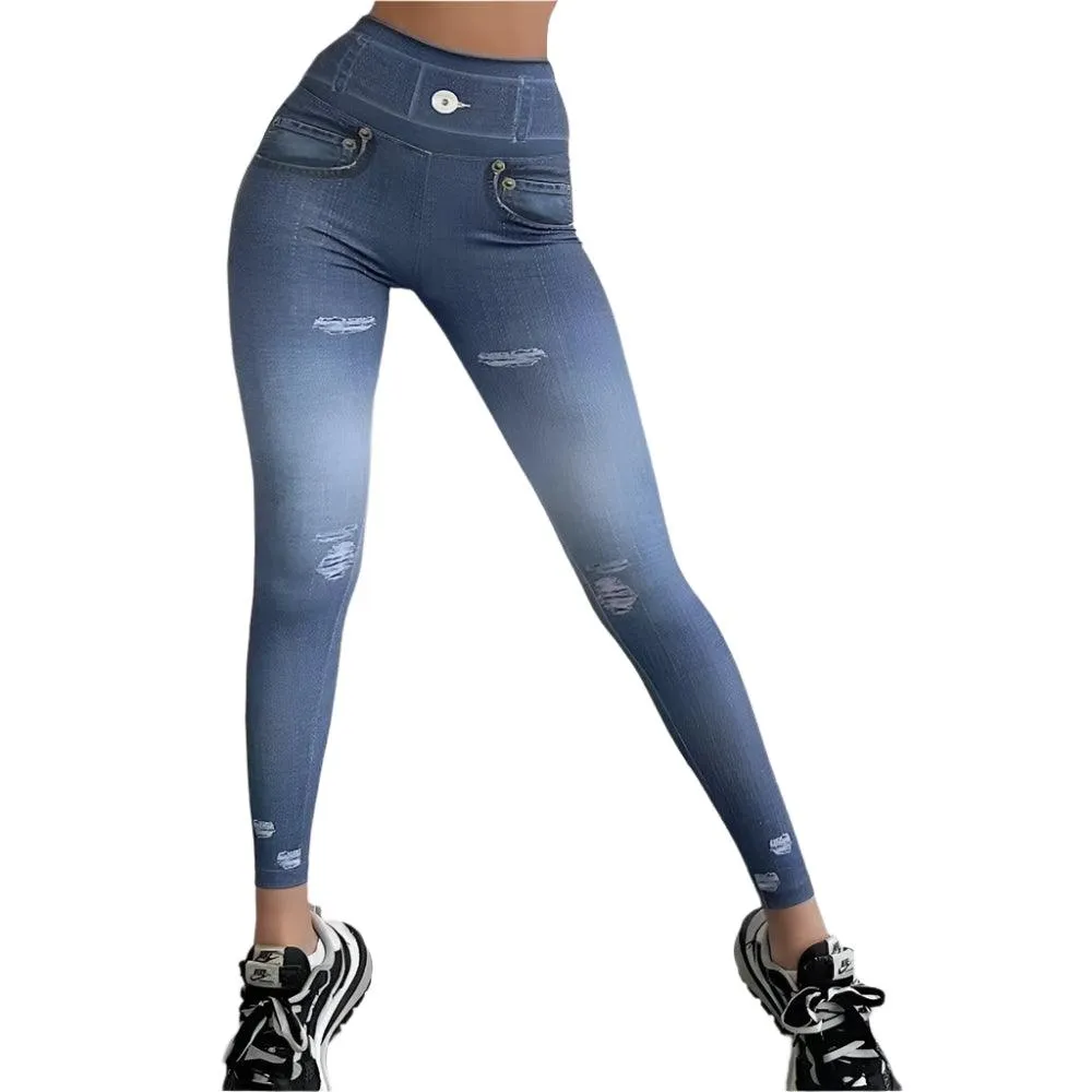 Zipper Denim Print High-Waist Push-Up Leggings – Stylish & Sporty Workout Tights