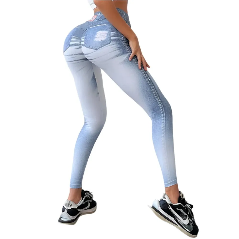 Zipper Denim Print High-Waist Push-Up Leggings – Stylish & Sporty Workout Tights