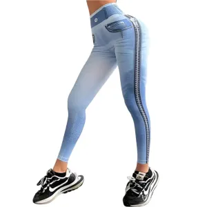 Zipper Denim Print High-Waist Push-Up Leggings – Stylish & Sporty Workout Tights