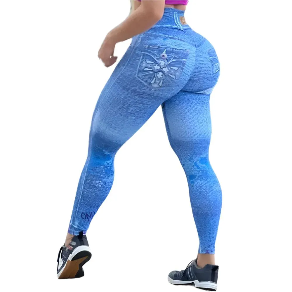 Zipper Denim Print High-Waist Push-Up Leggings – Stylish & Sporty Workout Tights